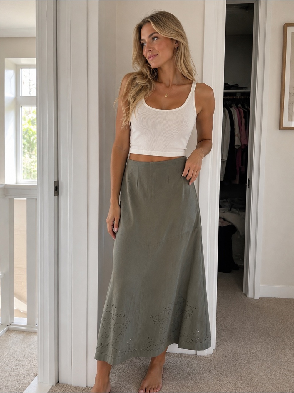 Talbots Olive Faux Suede Maxi Skirt with Eyelet Hem